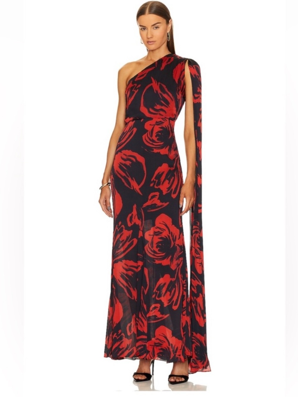 Aura Black and Red One-Shoulder Floral Maxi Dress